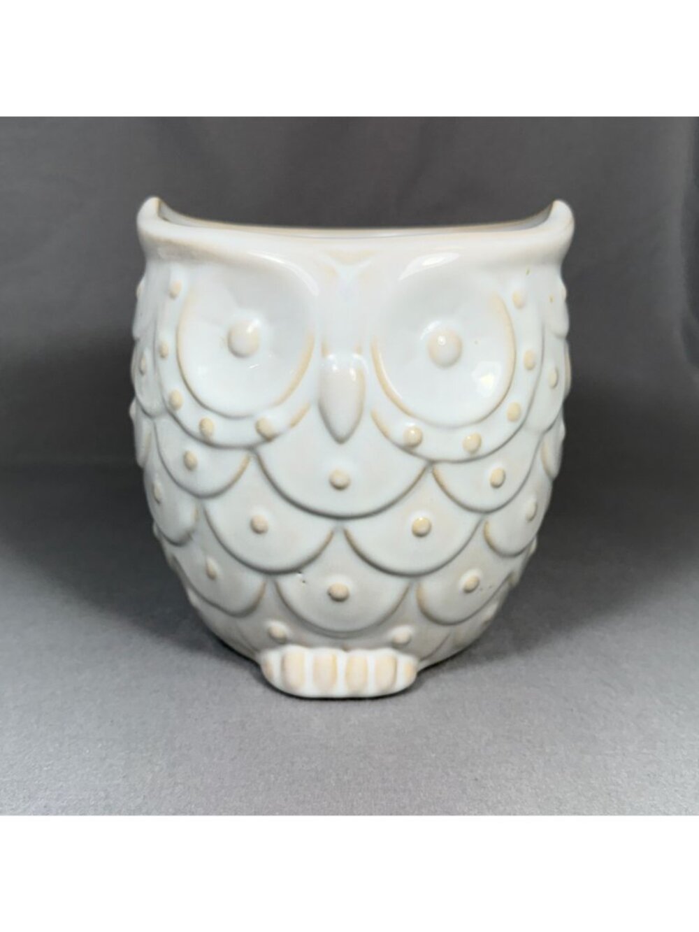 White Ceramic Owl Utensil Holder Crock Embossed Boho Farmhouse Kitchen Decor - Picture 2 of 16